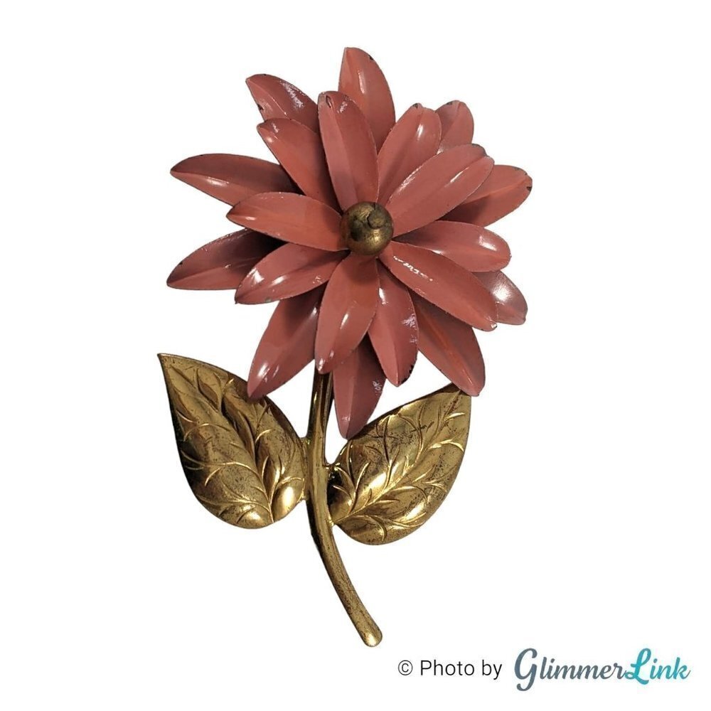 Vintage 1950s Large Pink Enamel Daisy Brass Stem Leaves Brooch Pin